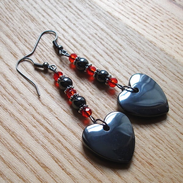 Long Gothic Crystal and Hematite Heart Earrings