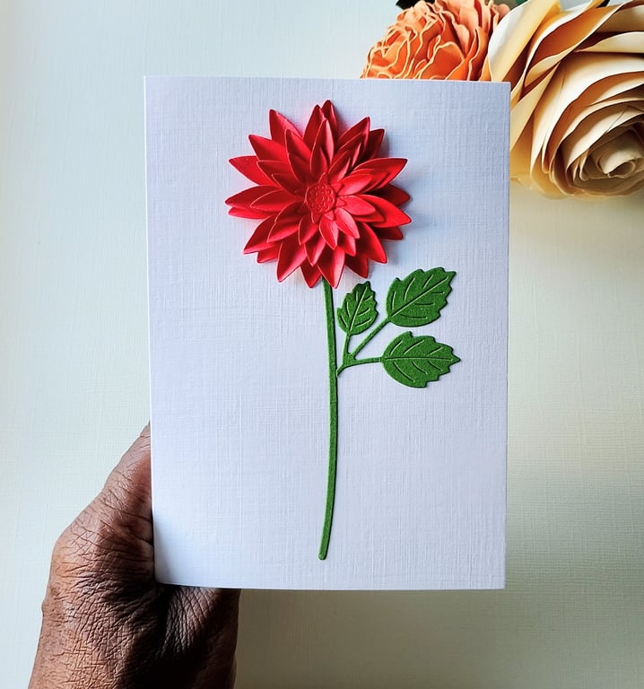 Red Paper Dahlia - Flower Shop Moments, Blank Handmade Floral Card 