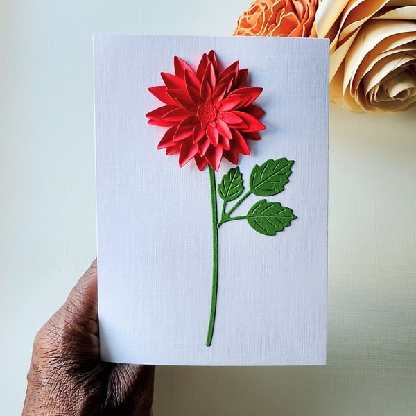 Red Dahlia - Flower Shop Moments, Blank Handmade Floral Card 