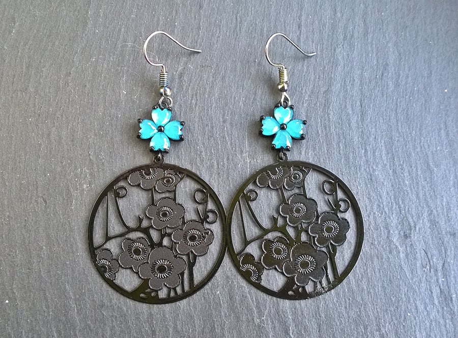 Large Flower Floral Dangle Earrings, Black with Blue Crystal Flowers