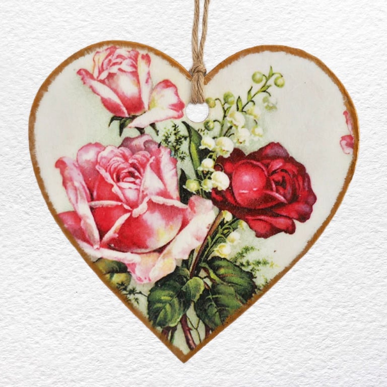 Decoupaged Wooden Hanging Heart 15cm (6"): Pink and Red Roses design
