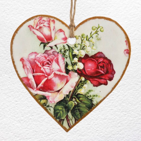 Decoupaged Wooden Hanging Heart 15cm (6"): Pink and Red Roses design