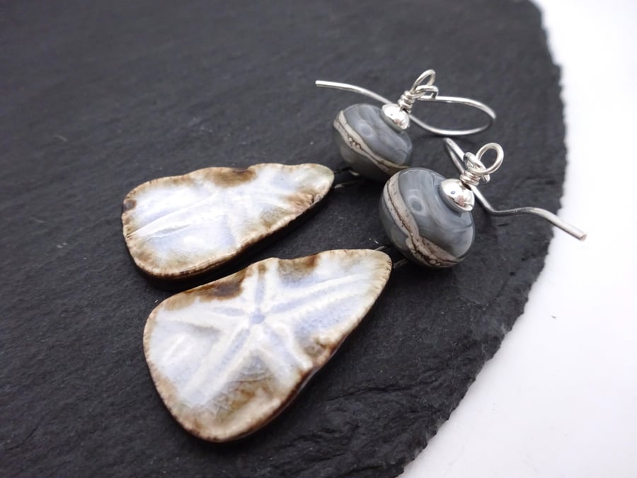 sterling silver earrings, grey lampwork glass and ceramic starfish jewellery