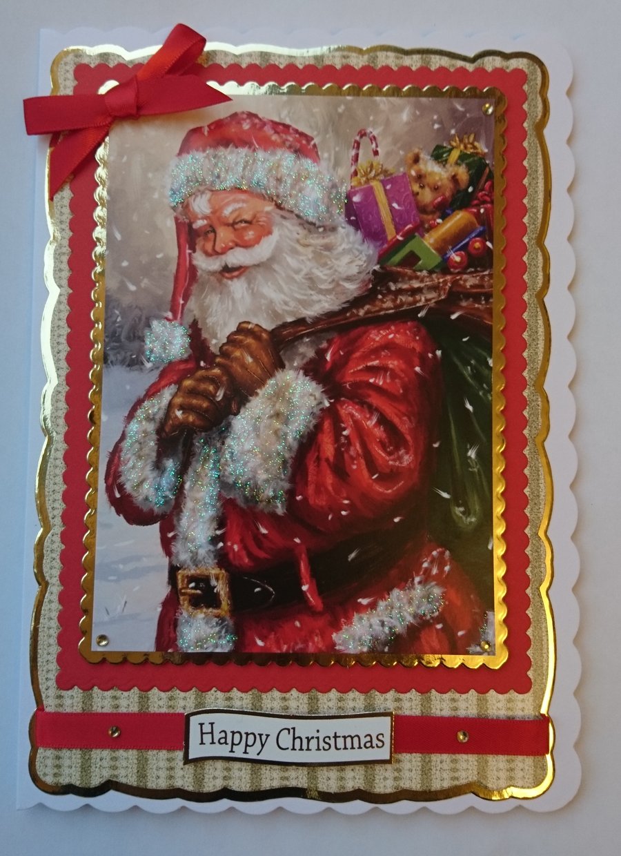 Handmade Christmas Card Traditional Santa with Sack of Presents