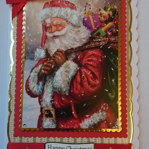 Handmade Christmas Card Traditional Santa with Sack of Presents