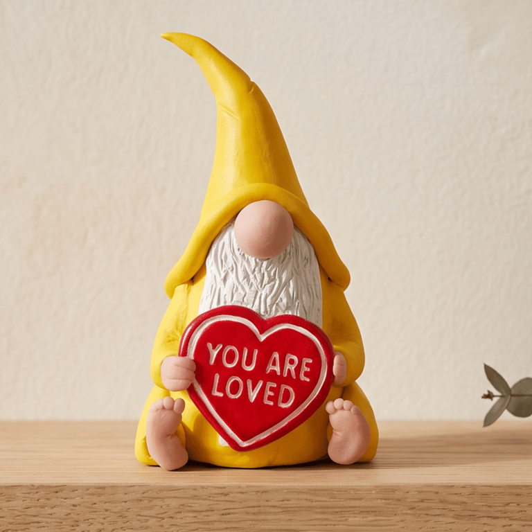 Large Yellow Polymer Clay Gonk Ornament with You Are Loved Heart Message