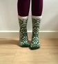 Hand knitted White and Green Wool Socks Flowers Floral Scandinavian Fair isle - Image 2