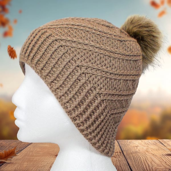 Crochet hat, beanie. Light brown ladies swirl pom pom hat. Ladies hat.