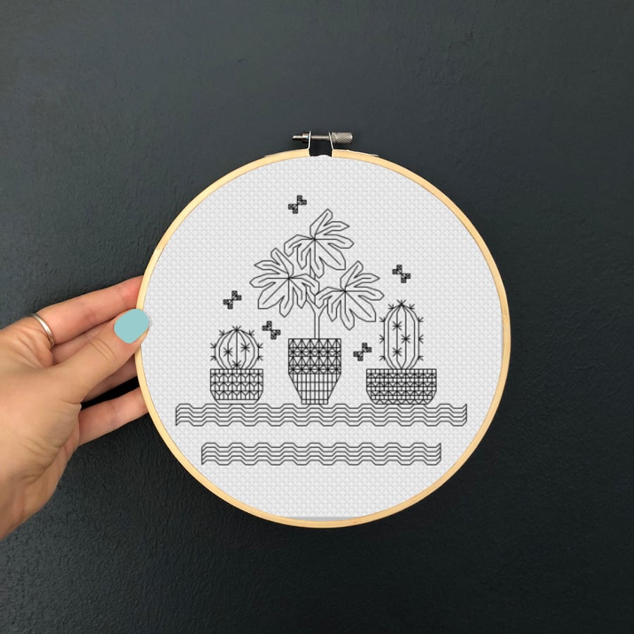 Cacti Blackwork Embroidery Chart: Houseplant Design (PDF Download, 6 inch Hoop)