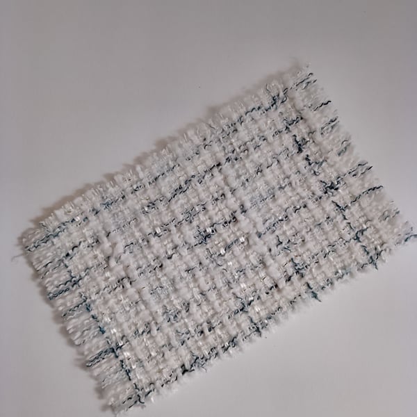 Handmade dolls house fringe rug white blue stripe check slubby 1:12 scale 