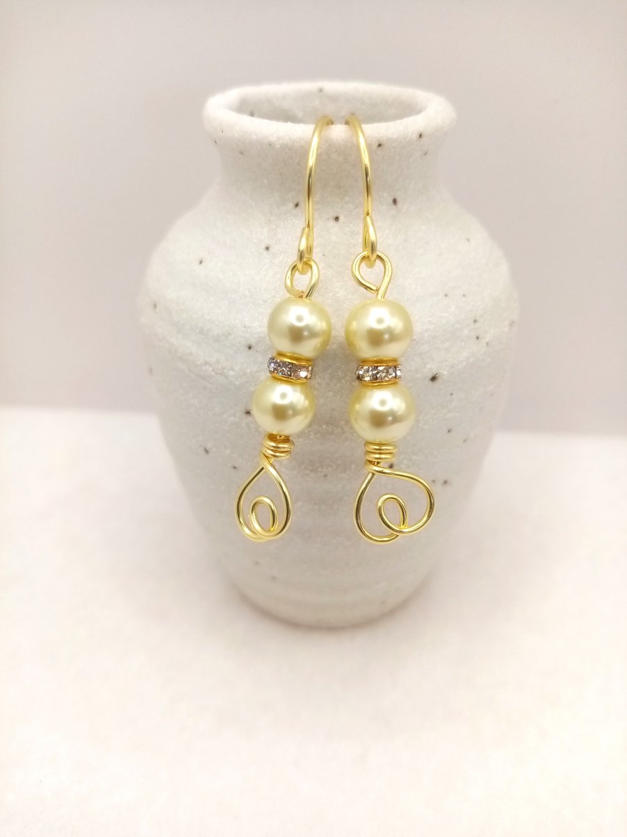 Gold Heart Earrings, Glass Pearl Dangles, Gift for Her, Ready to Gift