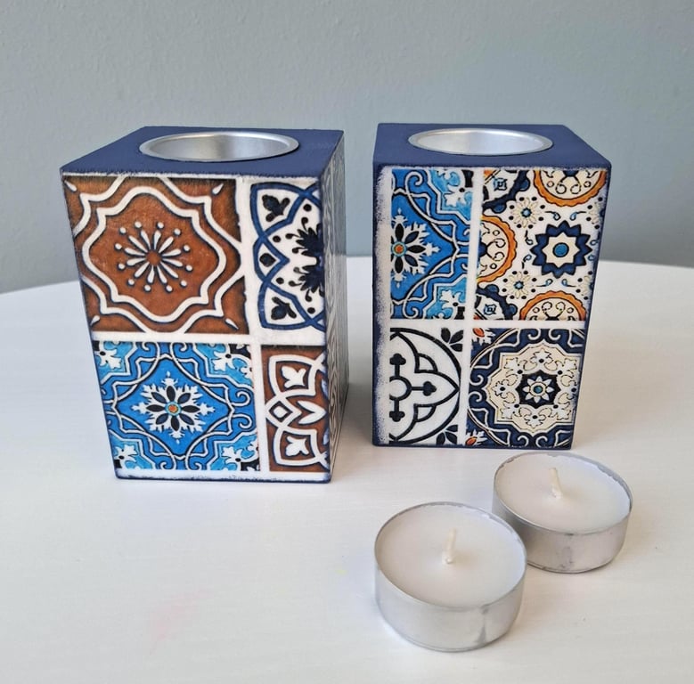 Handmade Decoupaged Tea Light Holders Mosaic Pattern, Set of Two