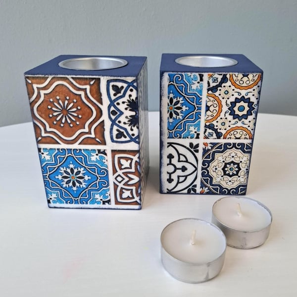 Handmade Decoupaged Tea Light Holders Mosaic Pattern, Set of Two