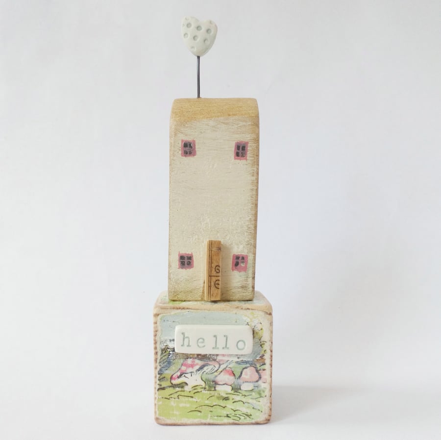SALE - Little wooden house with clay heart on a vintage toy block 'hello'