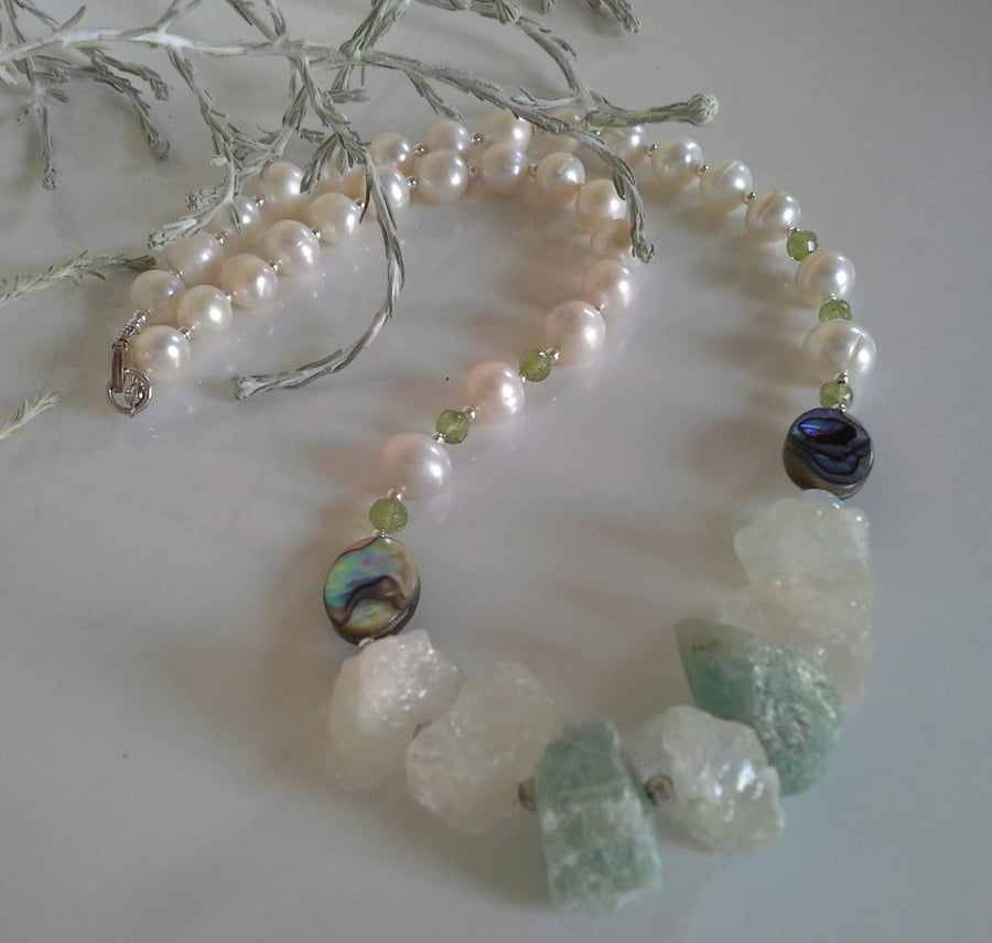 Aquamarine,  Freshwater Pearl, Peridot & Abalone Shell Sterling Silver Necklace
