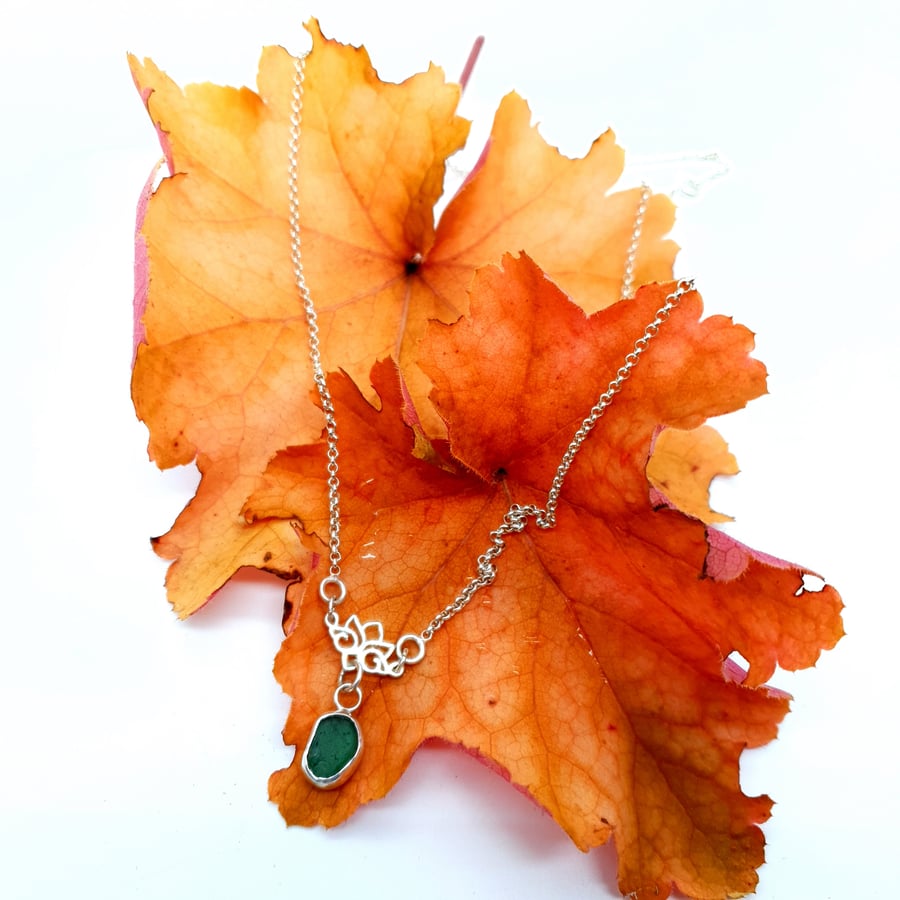 Sterling Silver Green Sea Glass Pendant With Lotus Flower & Rolo Chain 