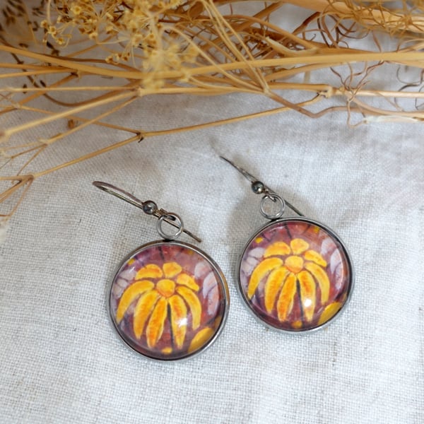 Orange Autumnal Dangle Earrings, Autumn Art Print Jewellery, Floral, Flowers 