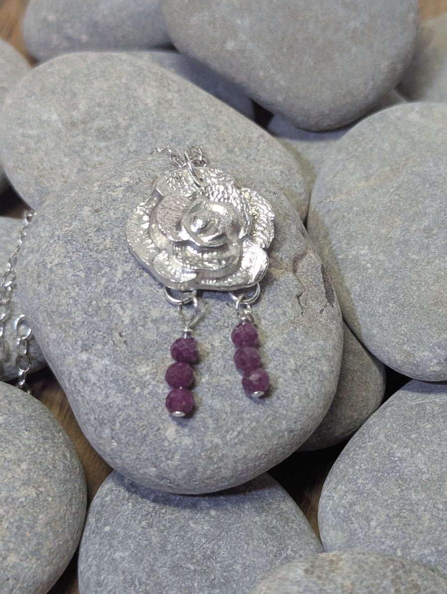 Fine Silver and Ruby Flower Pendant