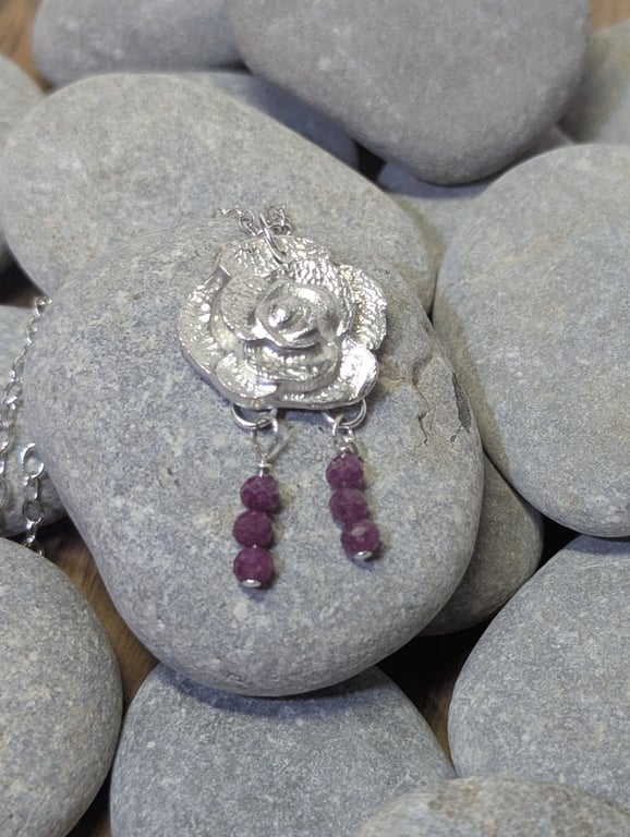 Fine Silver and Ruby Flower Pendant