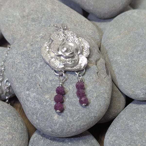 Fine Silver and Ruby Flower Pendant