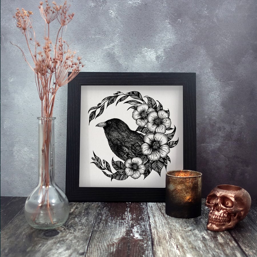 Raven, Crow, Illustration, Square Art Print, Botanical, Gothic, Wicca