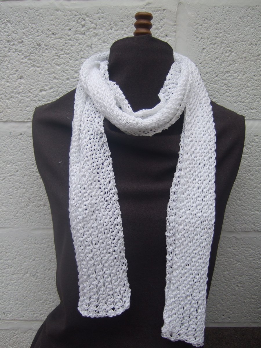 White Hand Knit Scarf in Cotton 