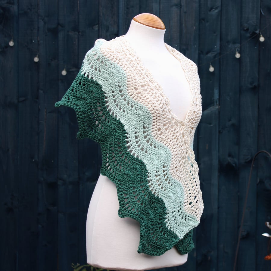 Crochet wrap in cream, mint and bottle green 100% Cotton - design A193