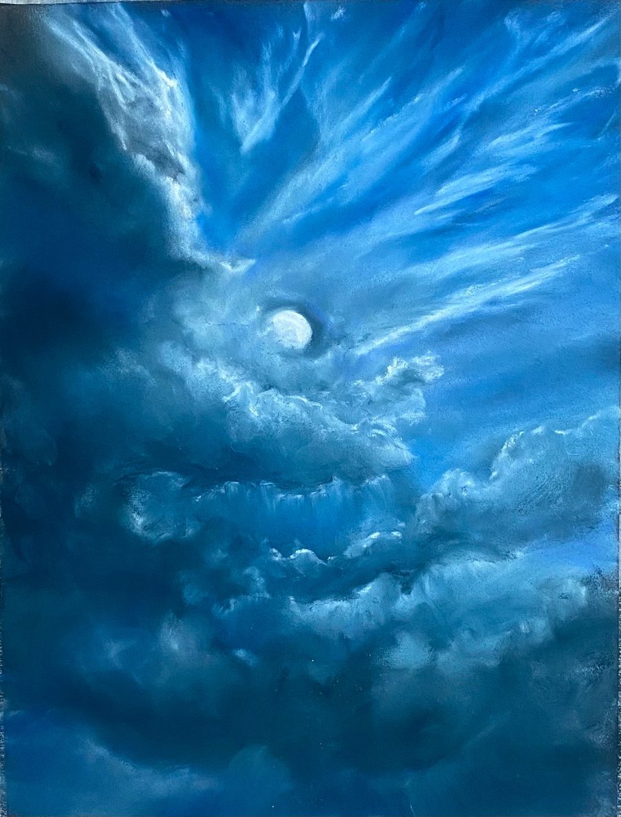 Moon Night Sky landscape painting. 12 by 10 inch when framed, Pastel.