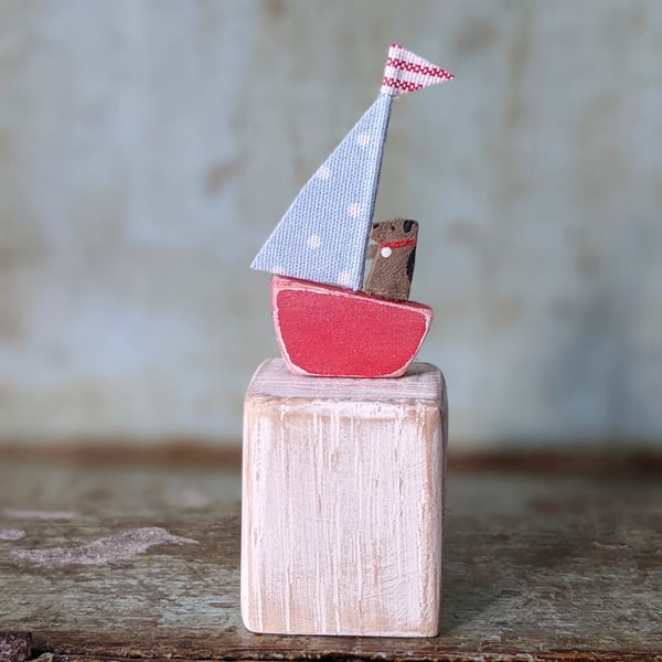 Tiny Wooden Nautical Decoration, Pale Blue Sail and Red Boat