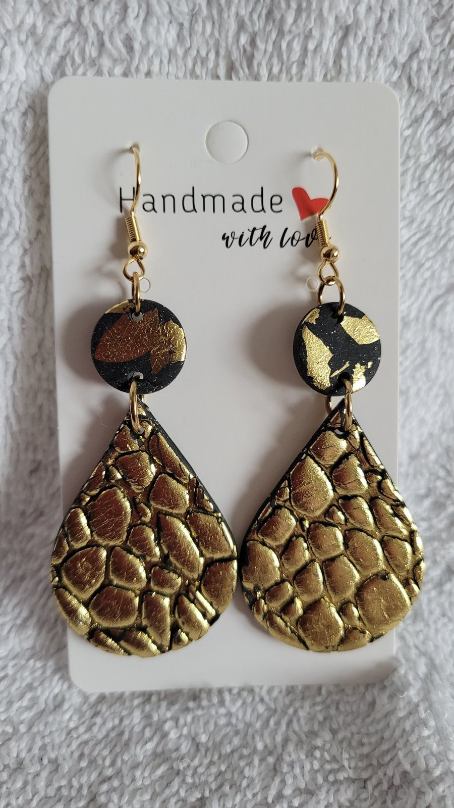 Handmade Polymer Clay Black and Gold Teardrop Earrings, 316 Stainless Steel