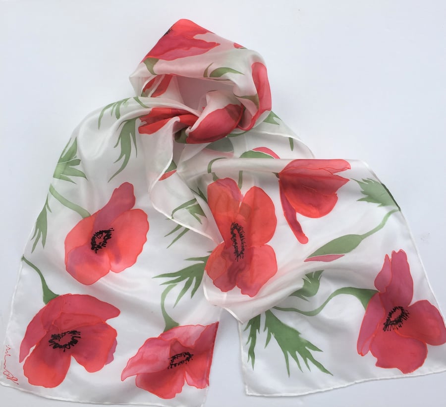 Red Poppies  hand painted silk scarf