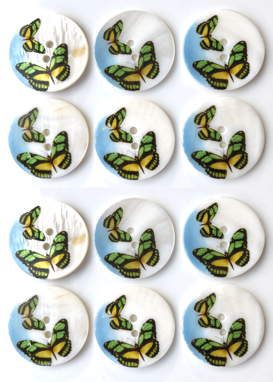 12 Shell Buttons, Butterflies Design, Big 20mm Wide, Mother of Pearl, Butterfly