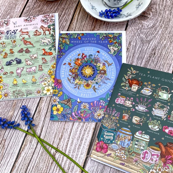 Set of 3 Cards, Nature Wheel of the Year, Tea Plants and Baby Animals 