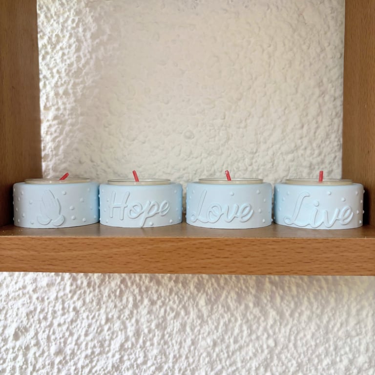 Blue Set of 4 Tealight Holders - Love, Hope, Live and Praying Hands