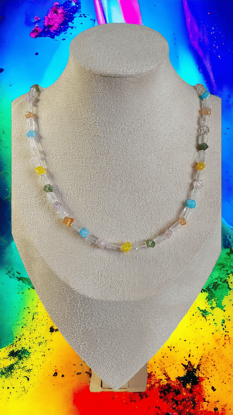 Rainbow Crackled And Clear Quartz Necklace with Sterling Silver 