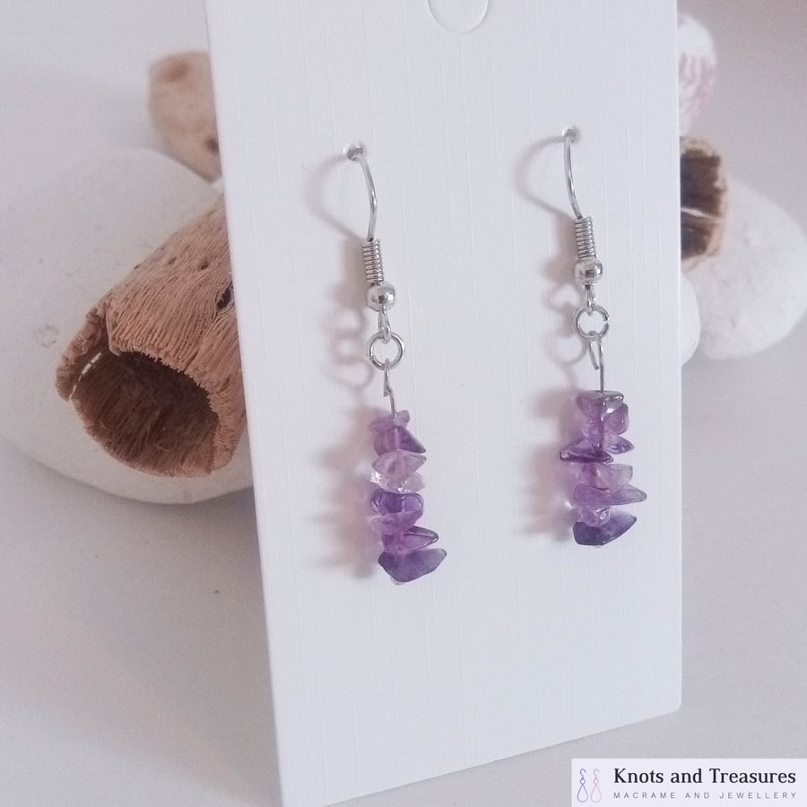Natural Amethyst Gemstone Crystal Nugget Earrings