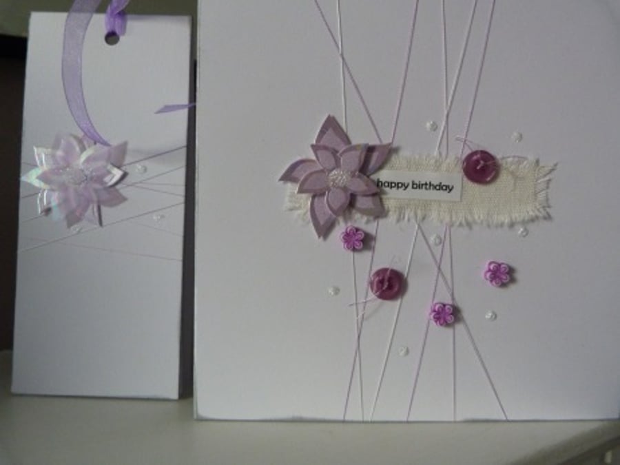 Lilac Button Birthday Card with matching gift tag