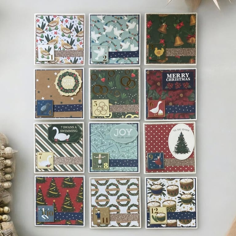 The Twelve Days of Christmas Cards. Set of Twelve Christmas Cards.