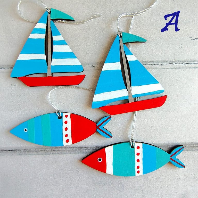 Hand painted wood fish and sailboat decorations for nautical décor, blue green