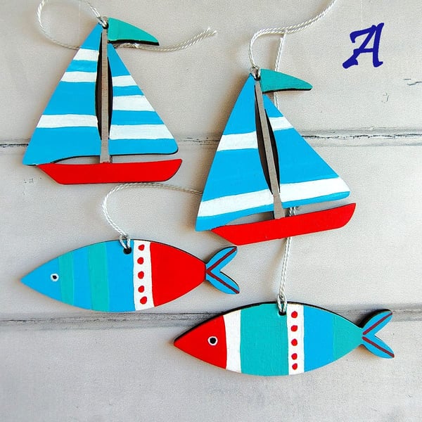 Hand painted wood fish and sailboat decorations for nautical décor, blue green