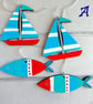 Hand painted wood fish and sailboat decorations for nautical décor, blue green
