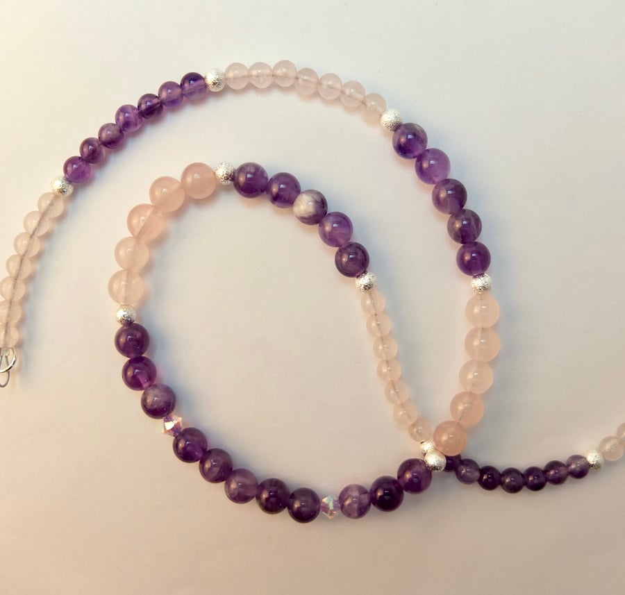 Sage Amethyst, Rose Quartz and Swarovski Crystal Necklace - Handmade In Devon.