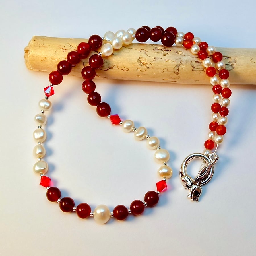 Freshwater Pearl & Red Agate Necklace, Birthday, Anniversary, Mother's Day Gift