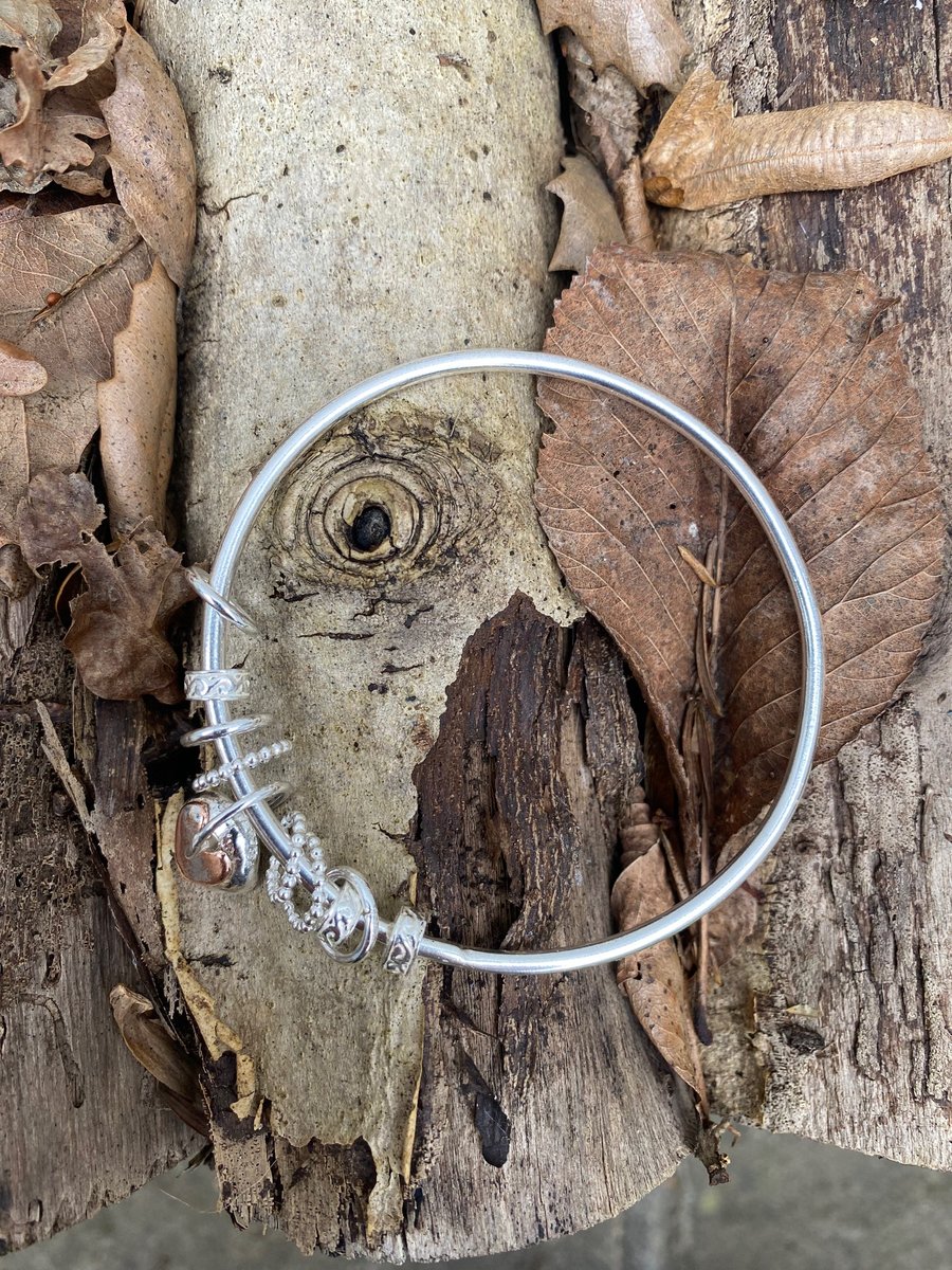 Charm silver bangle  - chunky - heavywieght - handmade