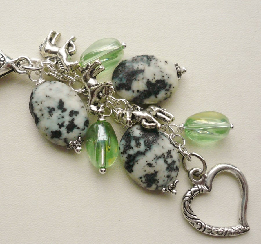 Handbag Charm Pale Green and Grey Beaded Tibetan Horse Themed KCJ1614