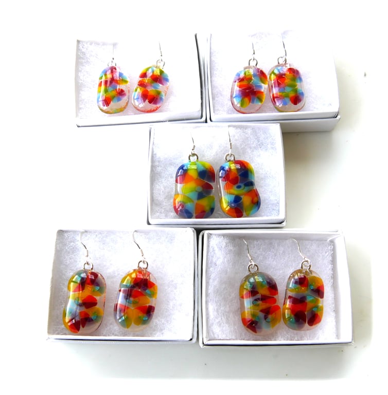 Earrings Fused Glass Millefioiri Handmade Flowers Dangle Rainbow
