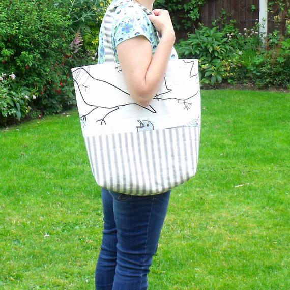 grey cotton and striped shoulder bag, grey and black bird fabric