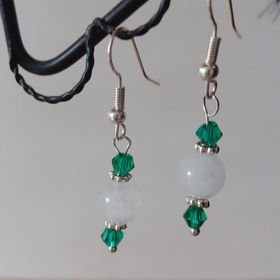 Handmade White Jade Stone Green Glass Beads Dangle Earring