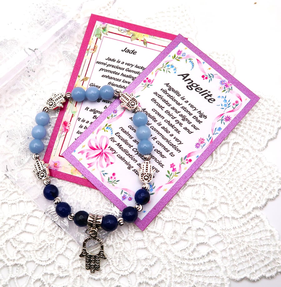 Jade and Angelite Hamsa Hand Bracelet. 