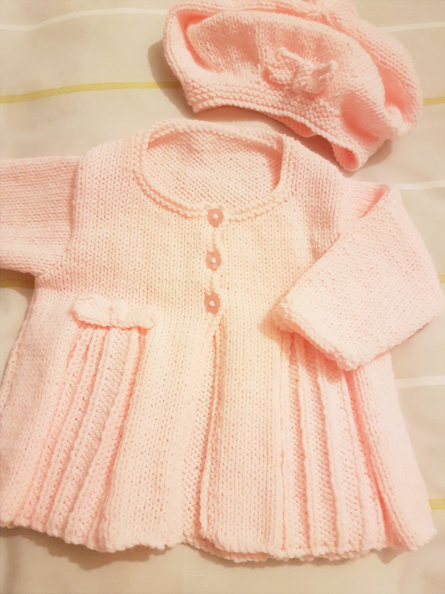 pink pleats and bows cardigan and matching hat